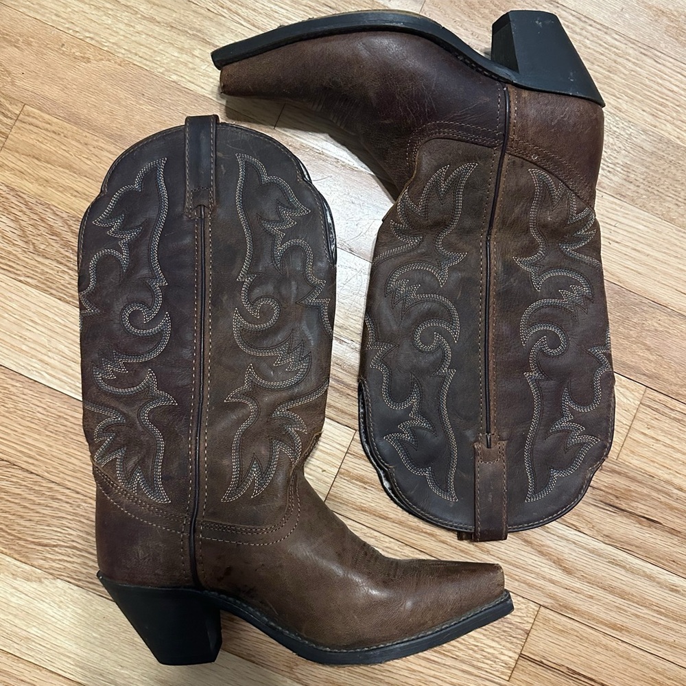 Laredo Brown Leather Western Boots with Embroidered Shaft